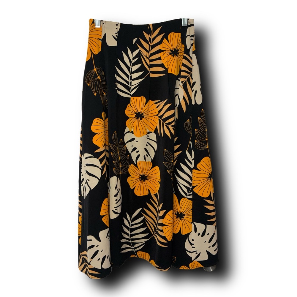 Gracia Beachy Black & Orange Floral A-Line Skirt Tropical Vibes Bold Maximalist